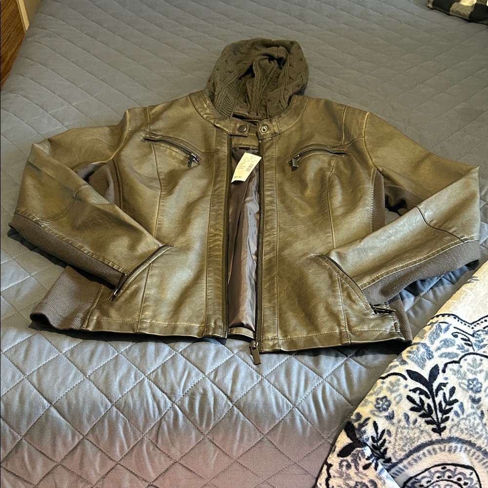 Maurices Olive Green Faux - Leather Jacket with Knit Collar